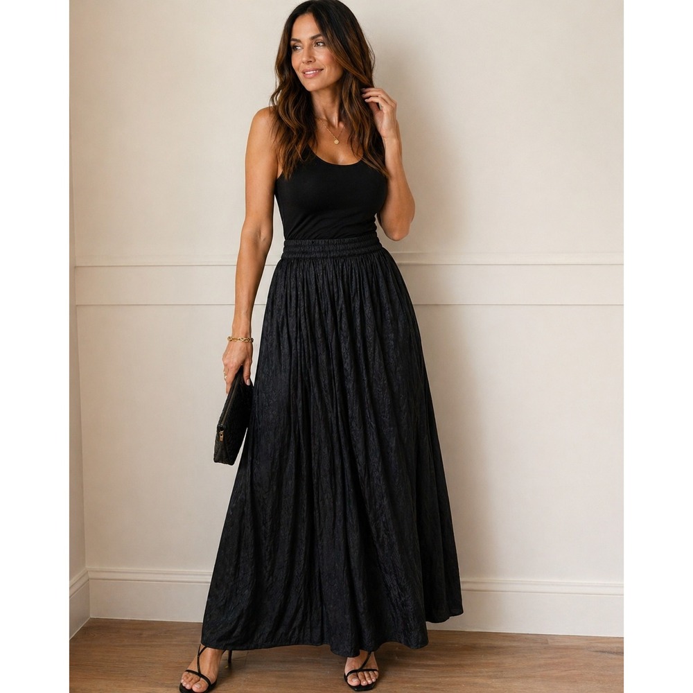 Khaki Rose Lady Black Jacquard Maxi Skirt Floral Stripe Elastic Waist 2X NEW